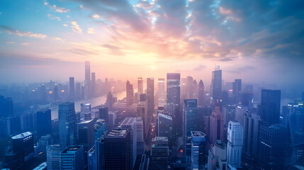 Fototapeta premium Impressive city skyline with skyscrapers and twilight sky. Aerial view banner. Copy space concept. 