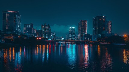 Fototapeta premium Illuminated Urban Cityscape at Night Featuring Skyscrapers, Neon Lights, and Vibrant Street Life in a Metropolitan Downtown Area. Perfect Representation of Modern Nightlife and Urban Exploration with 