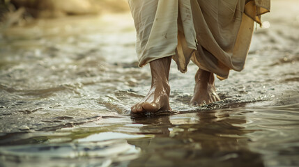 Jesus walking on water.close up of his feet and robe 