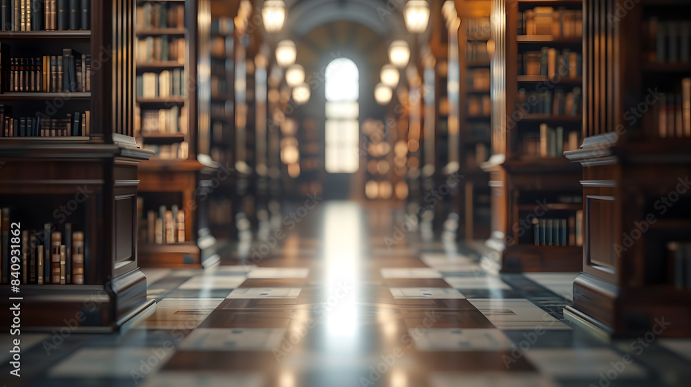 Poster library out of focus. blurry library devoid of individuals with a vacant backdrop. heading. 8k. hd. 