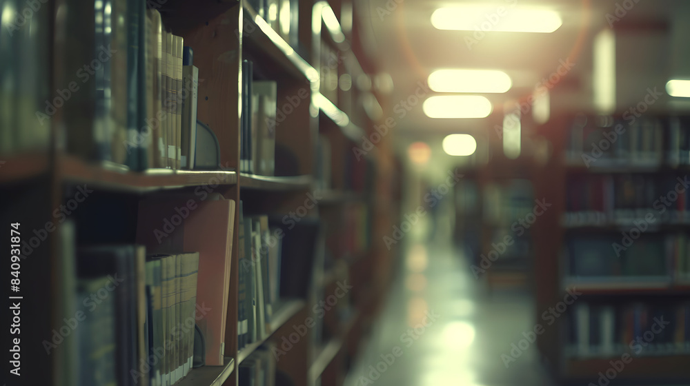 Poster library out of focus. blurry library devoid of individuals with a vacant backdrop. heading. 8k. hd. 