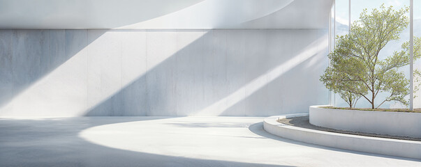 Empty minimal abstract architecture building interior or exterior concrete design with open space floor courtyard white area curved walls museum plaza, display showroom mockup environment background