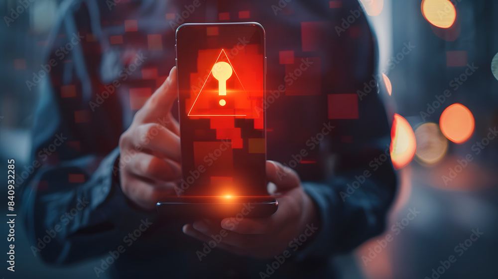 Poster man holding a smartphone with a digital red exclamation mark icon on the screen. depicting an online