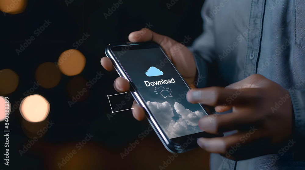 Poster man holding a smartphone with a cloud icon and text download attached below it