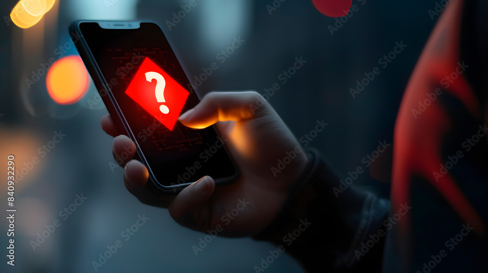 Poster man holding a smartphone with a digital red exclamation mark icon on the screen. depicting an online