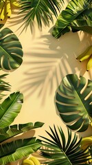 Naklejka premium trendy summer Bali style floral patter background with copyspace , colorful leaves palm shape art wallpaper, Summer colors botanical tropical leaves ,sun light and shadows, pink, yellow leaf .