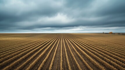 Fototapeta premium A sprawling soybean field under an overcast sky forms a hypnotic pattern as gray clouds diffuse soft light.