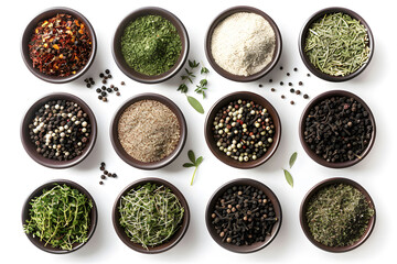 Assorted spices and herbs in black bowls on a white background