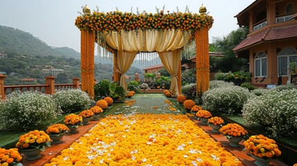 Indian wedding mandap decor yellow and white flowers 