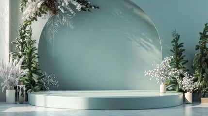 A Christmas podium background with a Christmas tree in 3D. Studio podium for product advertising. Stage stand. Blank podium. Display platform