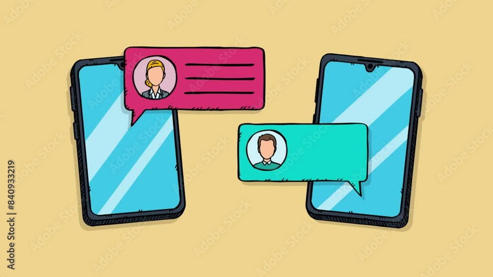 Poster animation showing a text message conversation between two people. phones, conversation bubbles and c