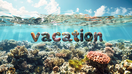 Summer landscape with the word vacation in 3d underwater, coral reef, travel and holiday concept, diving, tourism, beach and sea