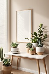 Fototapeta premium Mock up frame in home interior background, white room with natural wooden table and decor, 3d render