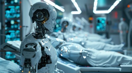 Fototapeta premium A white humanoid robot stands upright on a medical bed in a futuristic medical facility, awaiting activation