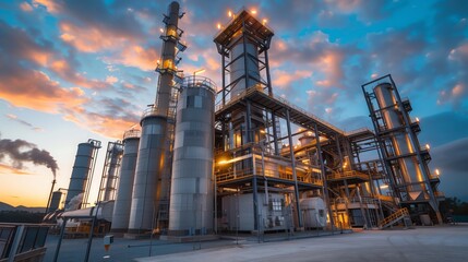 A modern biomass to biodiesel processing plant with towering structures at sunset