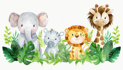 Watercolor cartoon of baby jungle animals in greenery. Concept of cute wildlife by AI generated image