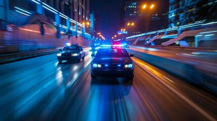 Fototapeta premium A police car is driving down a highway at night