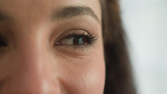 Close up woman brown eye make-up mascara female girl femininity beauty facial expressions blinking vision cosmetic eyebrow eyelash staring eyesight glamour elegance skin lady looking to side eyeball