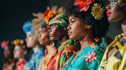 A close-up view of a diverse group of women, all wearing floral headbands and brightly colored outfits, during a fashion show