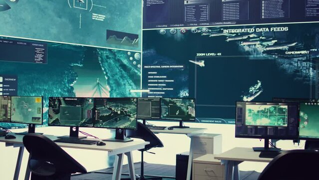 Federal anti terrorism command center with a big screen and radar surveillance used for reconnaissance on satellite system. Empty military control room transmitting mission oversight.