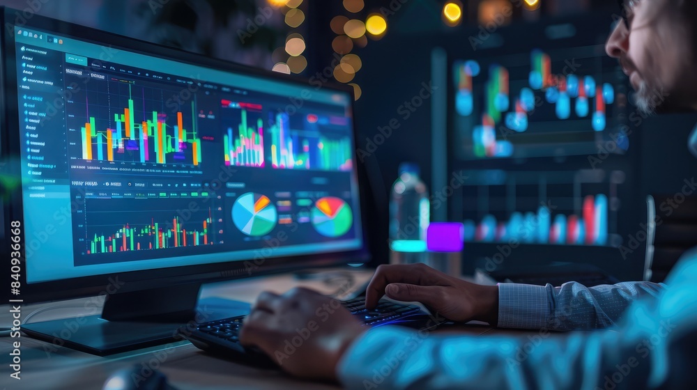 Poster professional analyzing a colorful digital graph on a desktop computer, illustrating detailed data an