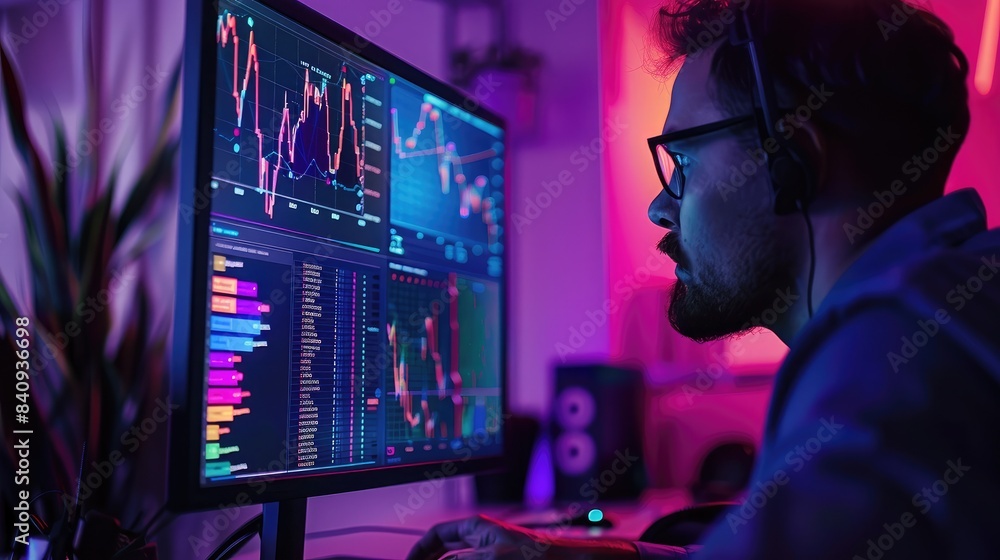 Poster professional analyzing a colorful digital graph on a desktop computer, illustrating detailed data an