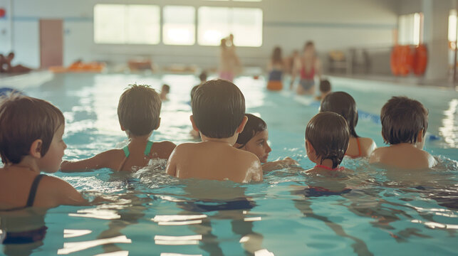 Group of happy kids learning swimming in indoor summer pool. Happy children kids group at swimming pool class learning to swim, happy summer vacation