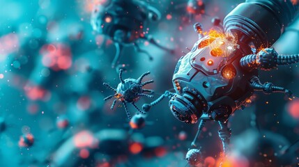 A close-up digital illustration of nanobots resembling viruses with intricate detail and glowing lights