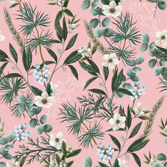 Botanical seamless pattern with Christmas flowers and elements. Vector.