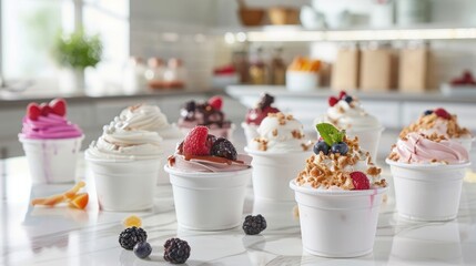 Variety of frozen yogurt cups with different toppings and flavors, set on a marble countertop in a modern kitchen