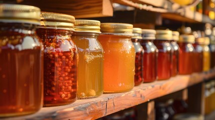 Various jars of honey with different shades of amber, arranged on a wooden shelf in a market setting