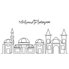 One continuous line drawing of Sarajevo skyline vector illustration. Modern city in Europe in simple linear style vector design concept. One big city in Bosnia. Iconic architectural building design.