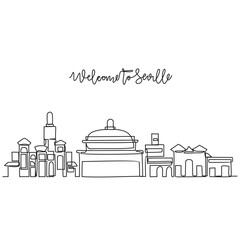 Fototapeta premium One continuous line drawing of Seville skyline vector illustration. Modern city in Europe in simple linear style vector design concept. One of big city in Spain. Iconic architectural building design.