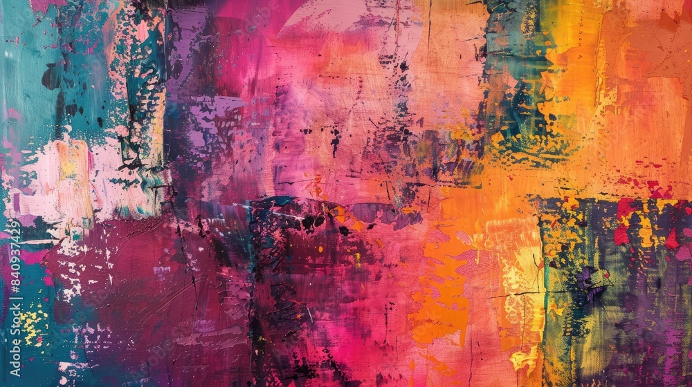 Poster vibrant abstract painting with a mix of textures and layers in diverse colors, creating a rich and i