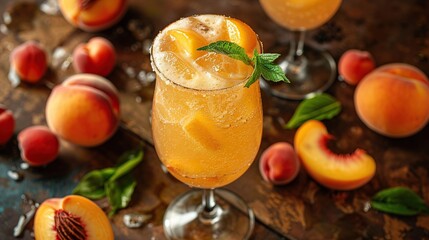 Aesthetic Peach Bellini Drink on a Table, Radiating in Stunning Light