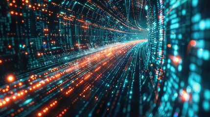 Visualization of data packets traveling at high speed along an illuminated highway, illustrating the concept of the Information Superhighway