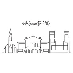 Naklejka premium One continuous line drawing of Oslo skyline vector illustration. Modern city in Europe in simple linear style vector design concept. One of big city in Norway. Iconic architectural building design.