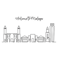 One continuous line drawing of Malaga skyline vector illustration. Modern city in Europe in simple linear style vector design concept. One of big city in Spain. Iconic architectural building design.