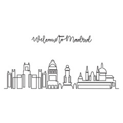 Fototapeta premium One continuous line drawing of Madrid skyline vector illustration. Modern city in Europe in simple linear style vector design concept. One of big city in Spain. Iconic architectural building design.