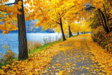 Obraz premium Autumn Leaves Road. Yellow Maple Leaf Pathway through the Forest by the Lake