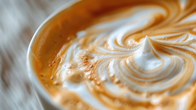 Close-up of milk foam swirling in a frothing pitcher for latte art