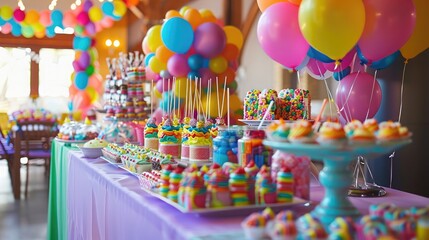 Colorful party favors and treats arranged on a table for a festive birthday celebration