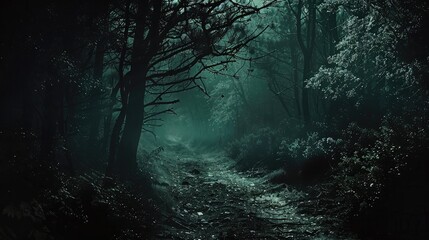 Creepy forest path engulfed in darkness, with ominous silhouettes lurking in the shadows