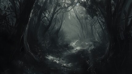 Creepy forest path engulfed in darkness, with ominous silhouettes lurking in the shadows