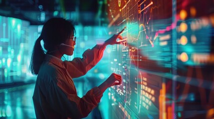 Digital graph interface projected onto a glass screen, with a person analyzing the data