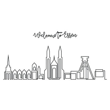 One continuous line drawing of Essen skyline vector illustration. Modern city in Europe in simple linear style vector design concept. One big city in Germany. Iconic architectural building design.