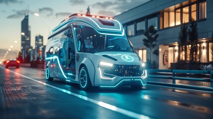 A futuristic white van with blue neon lights drives down a city street at dusk