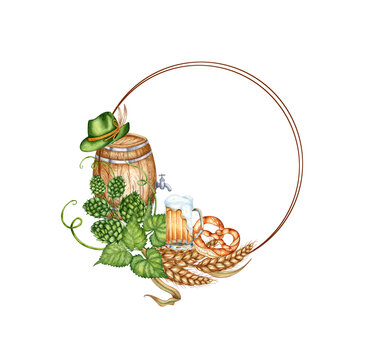 watercolor oktoberfest beer barrel, hops, pretzel, wheat clip art preview