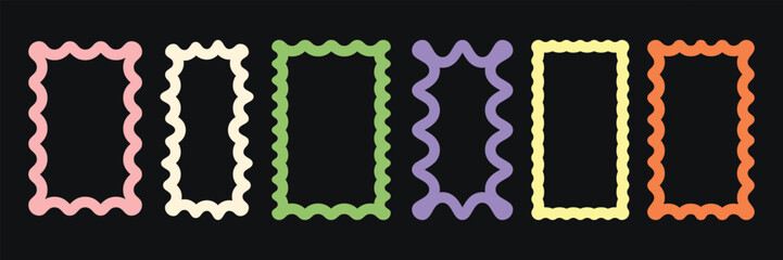 Color squiggle frames set. Zigzag wavy edges, retro frames, psychedelic rectangles, photo frames, mirror border. Vector groovy shapes set of wave borders.