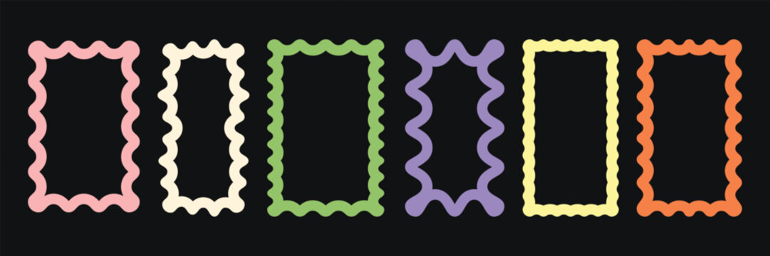 Color squiggle frames set. Zigzag wavy edges, retro frames, psychedelic rectangles, photo frames, mirror border. Vector groovy shapes set of wave borders.